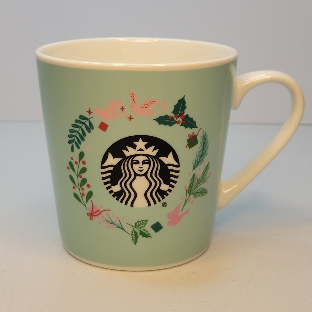 Starbucks 2019 Christmas Holiday Mug 18 oz Mint Green Doves Holly Mermaid Siren